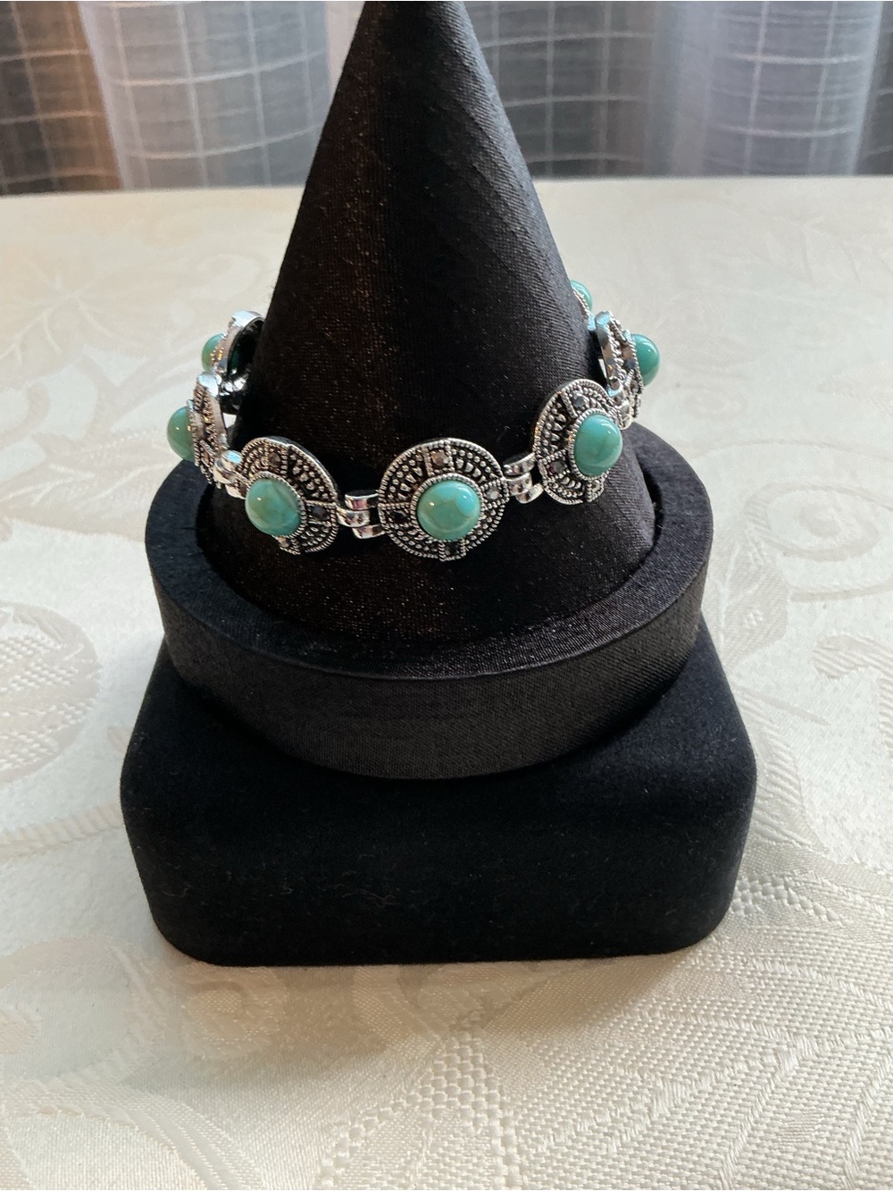 Blue Dyed Howlite Cabochons & Faux Marcasite Silver Tone Bracelet